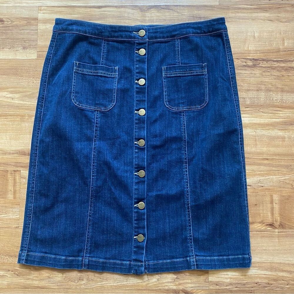 LOGO Lori Goldstein 14 Blue Denim Button Cargo Utility A-Line Short Jean Skirt